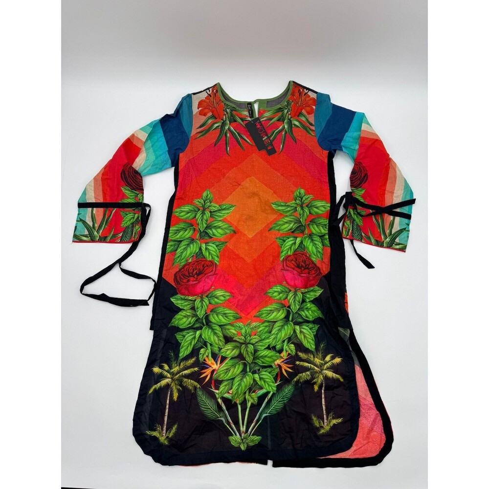 J. Pret Cocktail Dress Women's Small Multicolor Floral 100% Cotton Long Sleeve